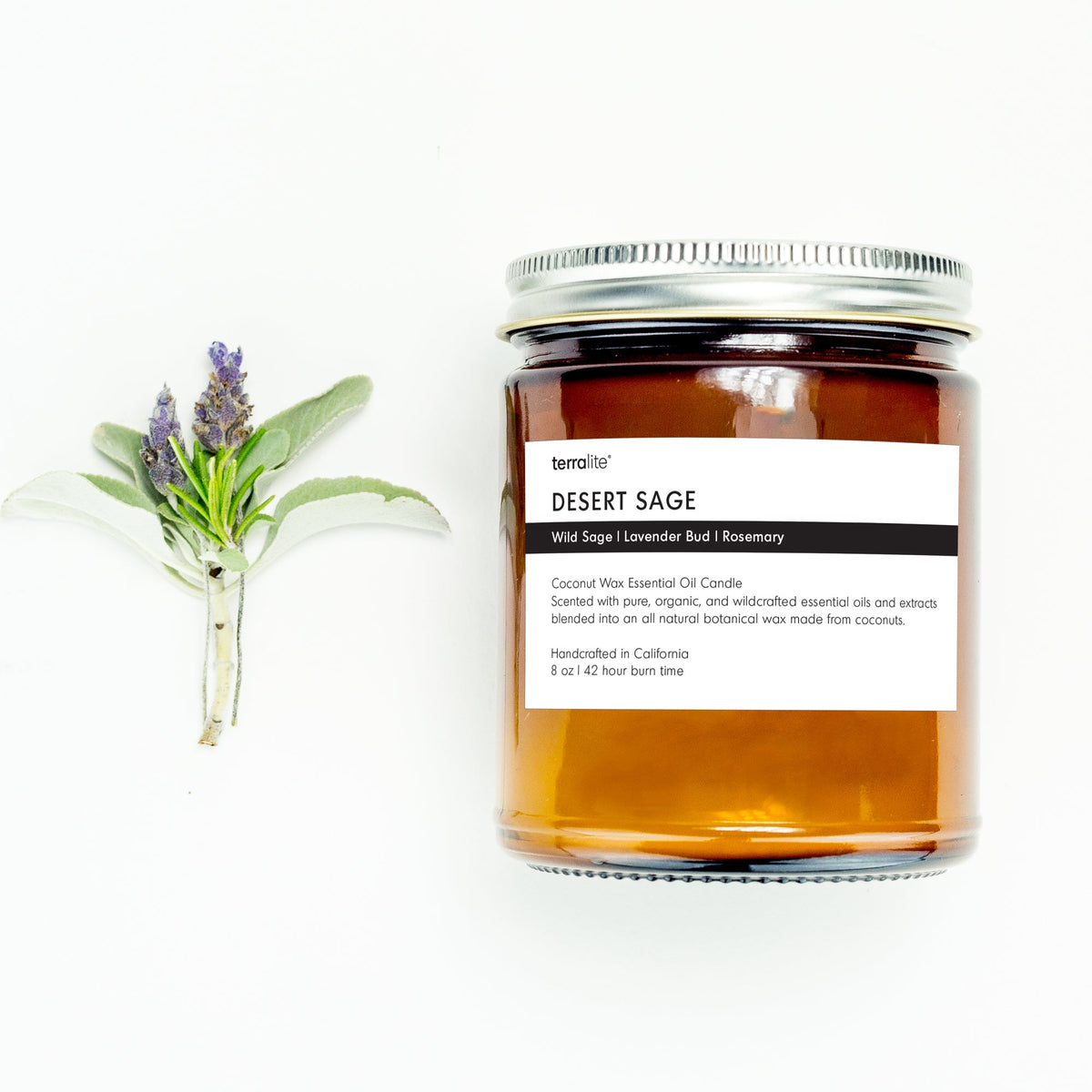 Desert Sage essential oil candle scented with wild sage, lavender, and rosemary essential oils. 