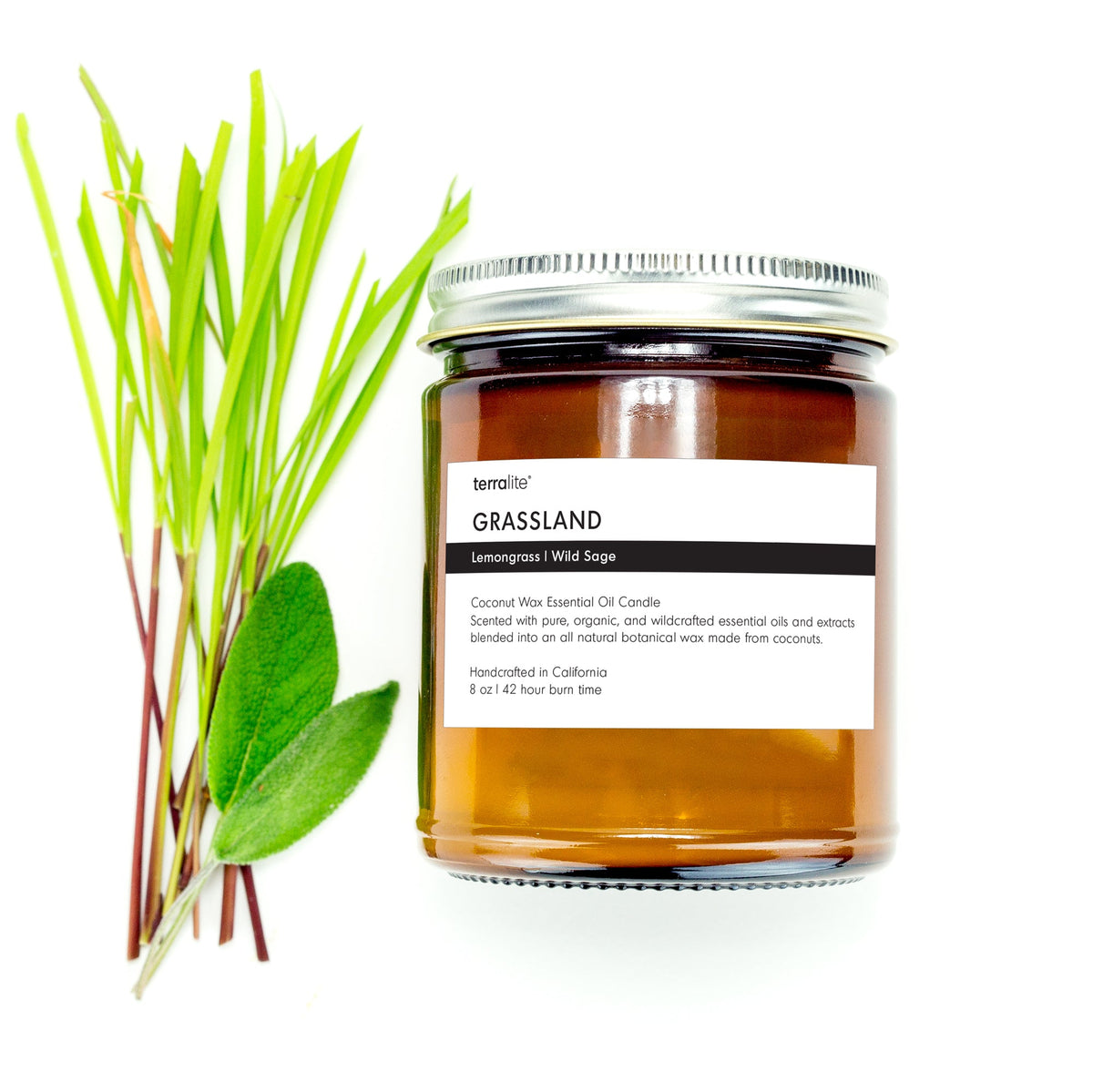 Grassland essential oil candle scented with lemongrass and wild sage essential oils.