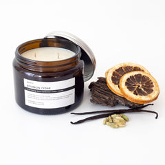 Bourbon Cedar Essential Oil Candle, scented with cedar, orange, cardamom, vanilla organic essential oils - 2 wick Size