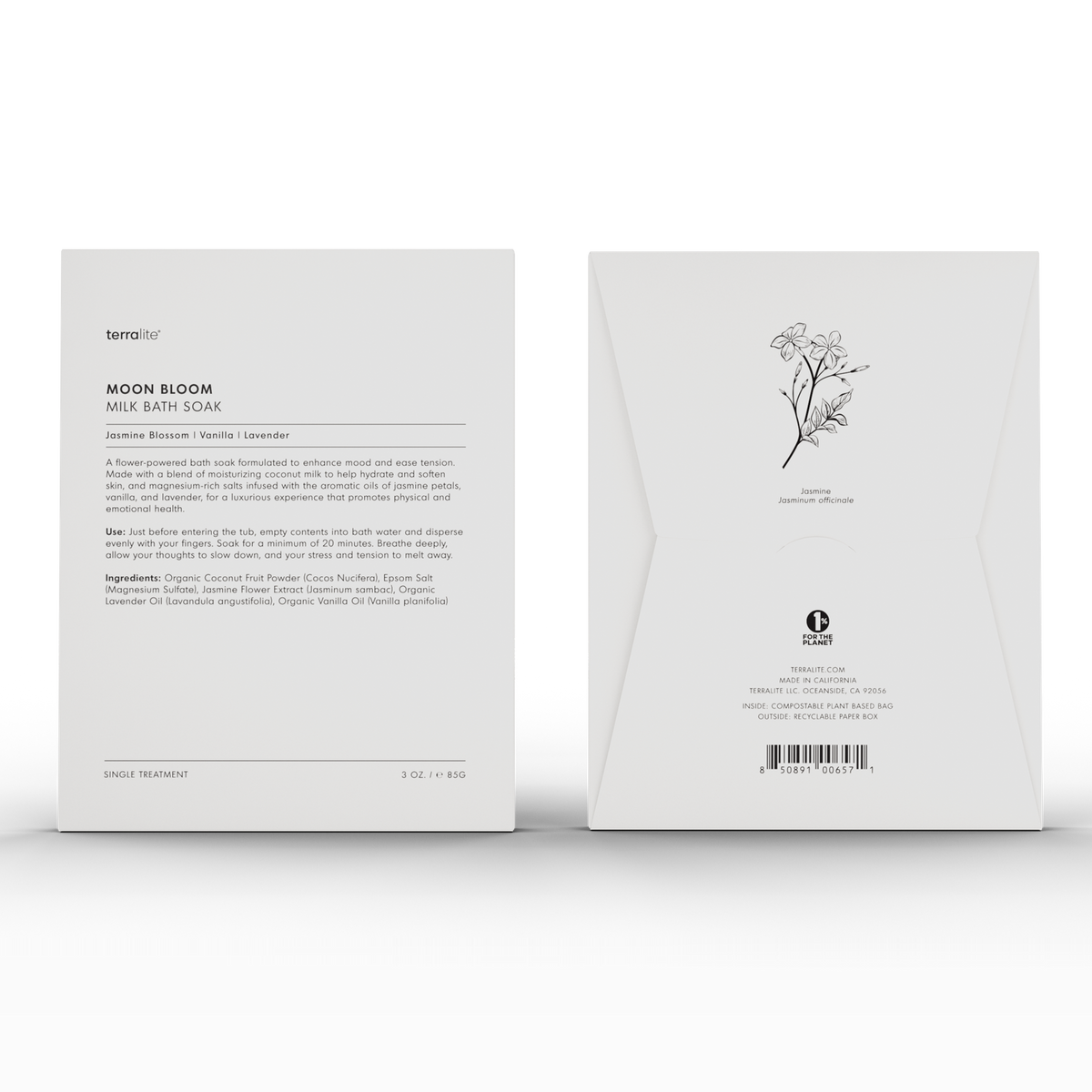 Moon Bloom Milk Bath Soak, front and back of the envelope