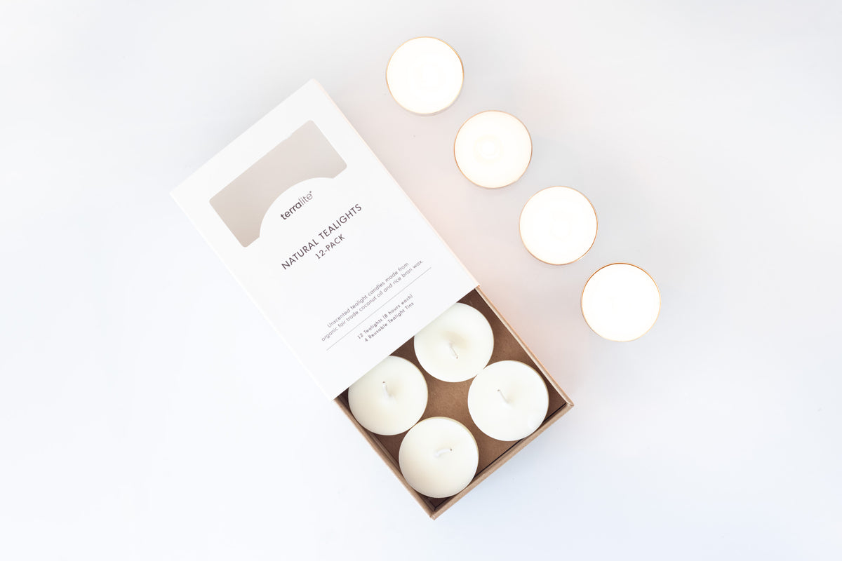 Organic Natural Tealights 12-pack with reusable tealight tins