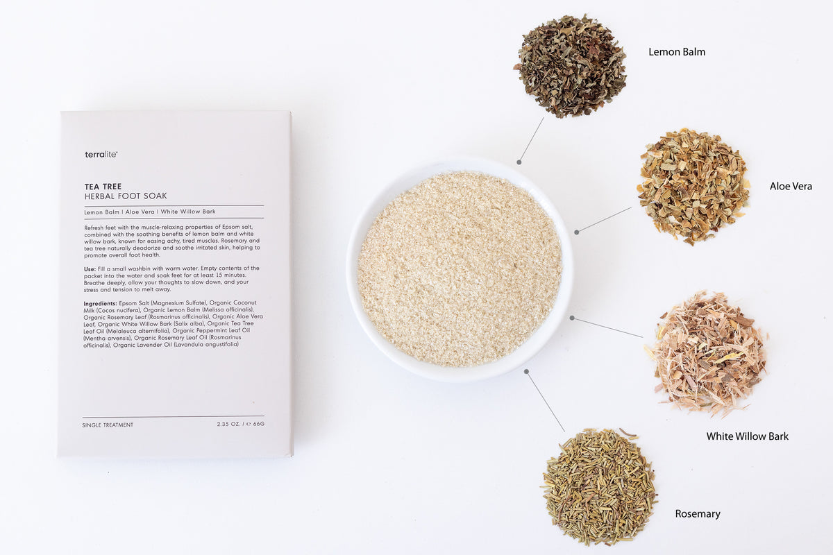 Organic Tea Tree Foot Soak with lemon balm, aloe, and white willow bark