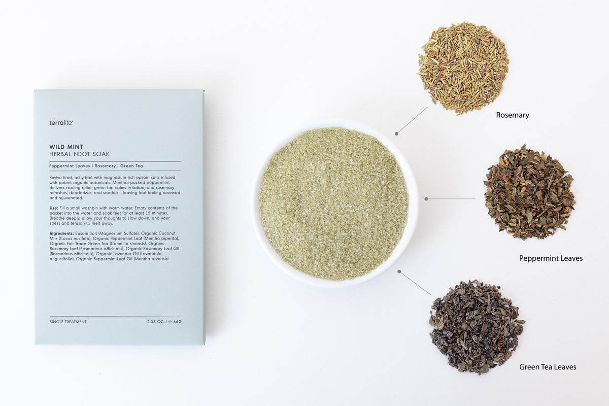 Organic Wild Mint Foot Soak with peppermint, green tea, and rosemary